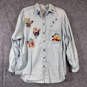 Vtg Disney Store Snow White Seven Dwarfs Button Up Denim Shirt Womens Large